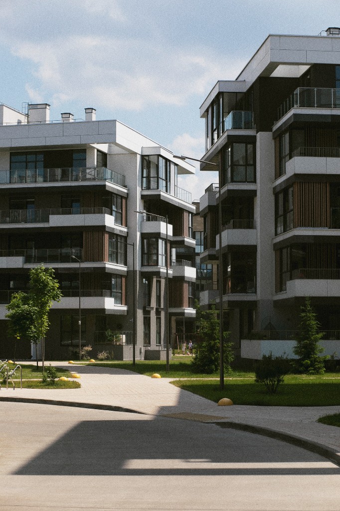 Contemporary residential buildings and landscaping